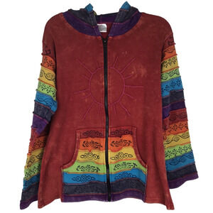 Greater Good Network Hoodie Full Zip Red Rainbow Patchwork Embroidered Size S/M
